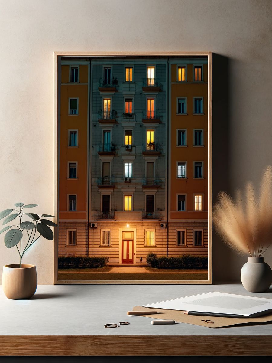 Lit Apartment Facade Photography Poster. — room view 2
