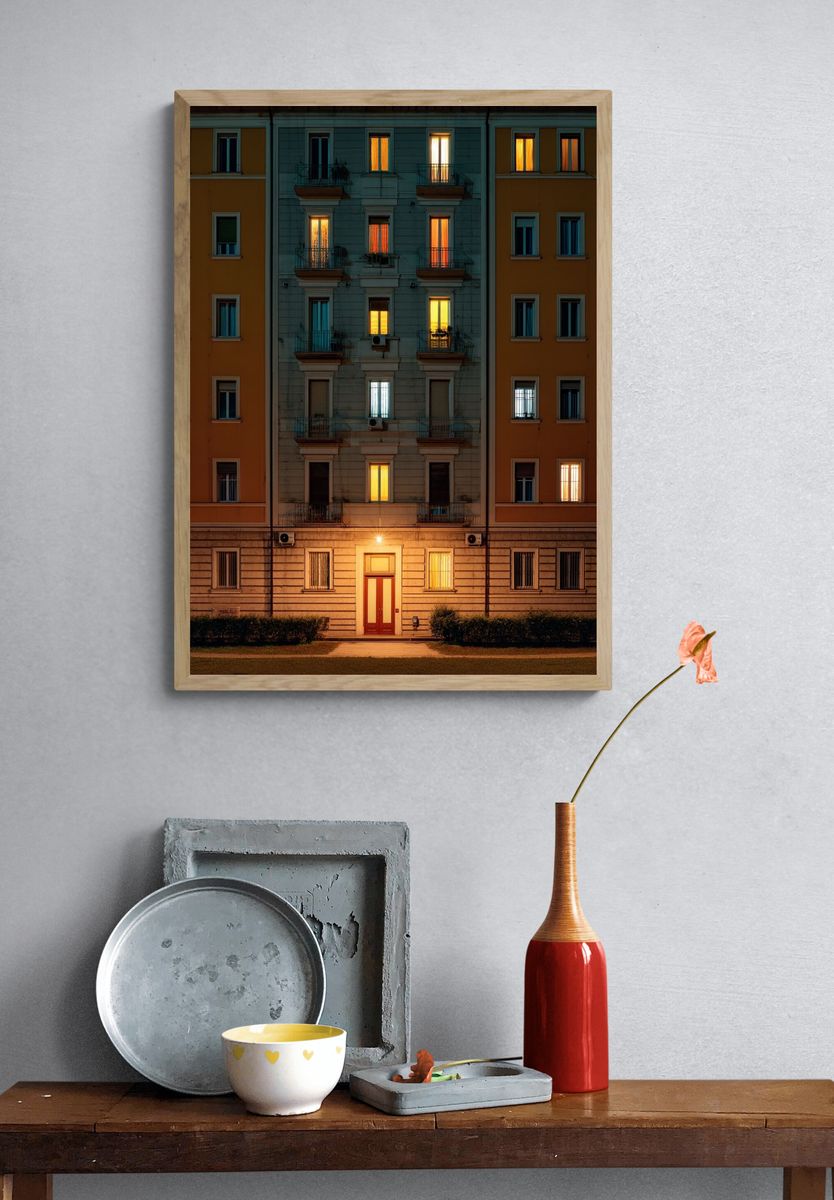 Lit Apartment Facade Photography Poster. — room view 3
