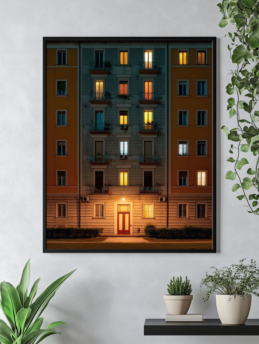 Lit Apartment Facade Photography Poster. — room view 4