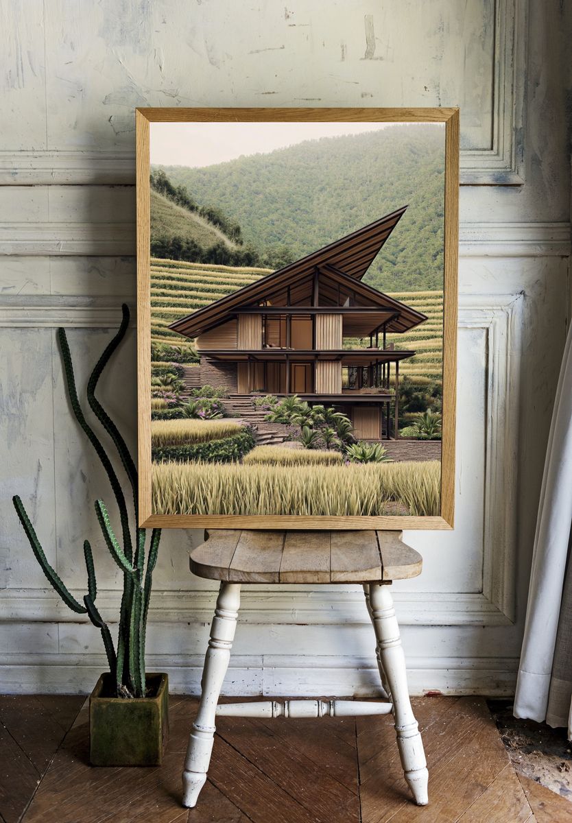 Terraced Tropical House Architecture Print. room preview