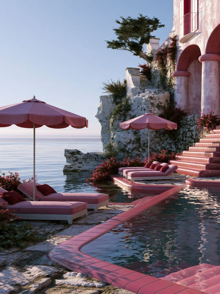 Pink Coastal Villa Poster. poster detail