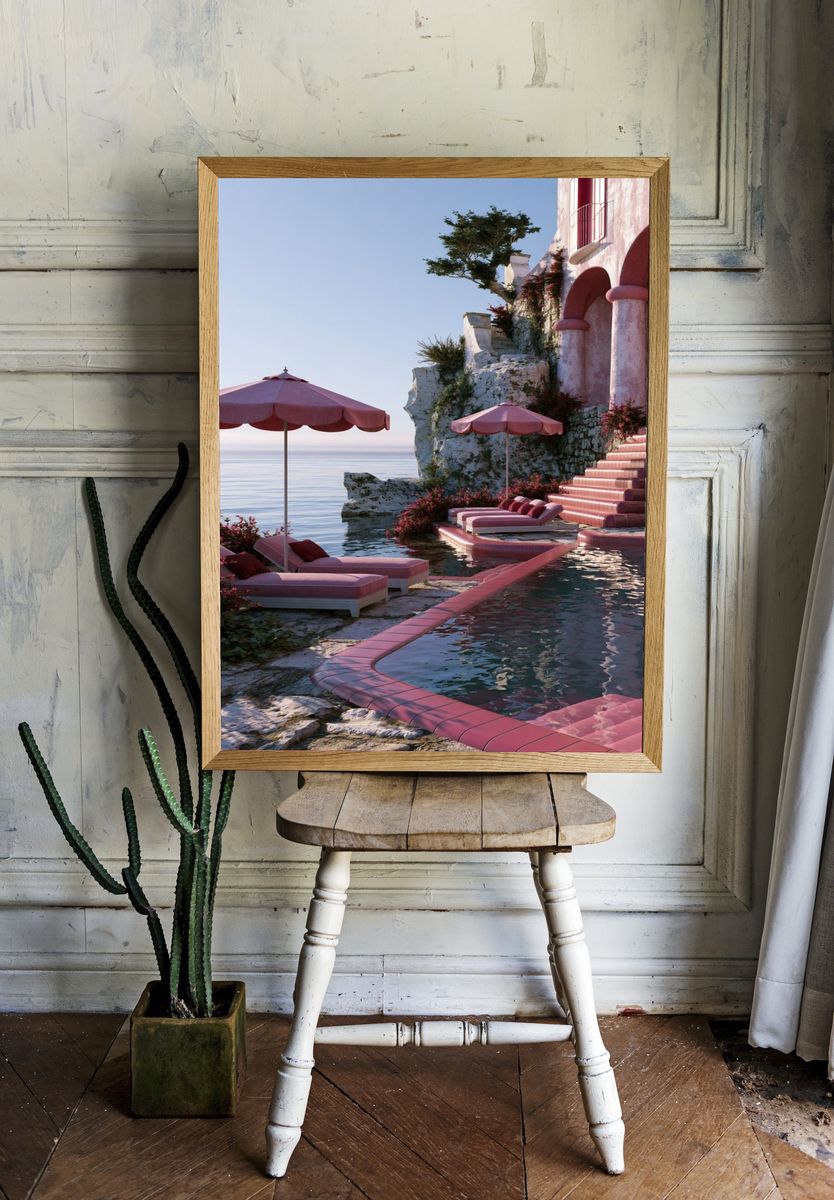 Pink Coastal Villa Poster. room preview