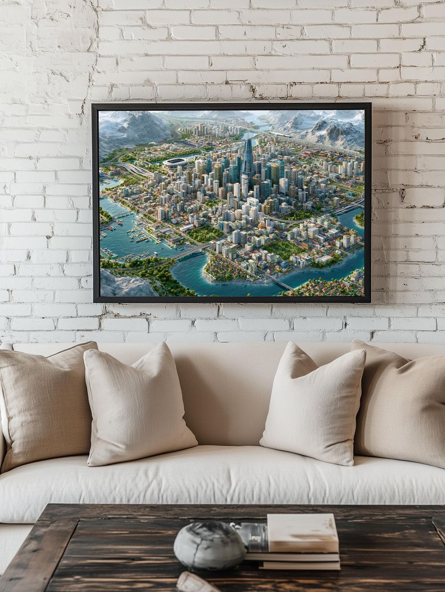 Futuristic Coastal Cityscape Print. room preview