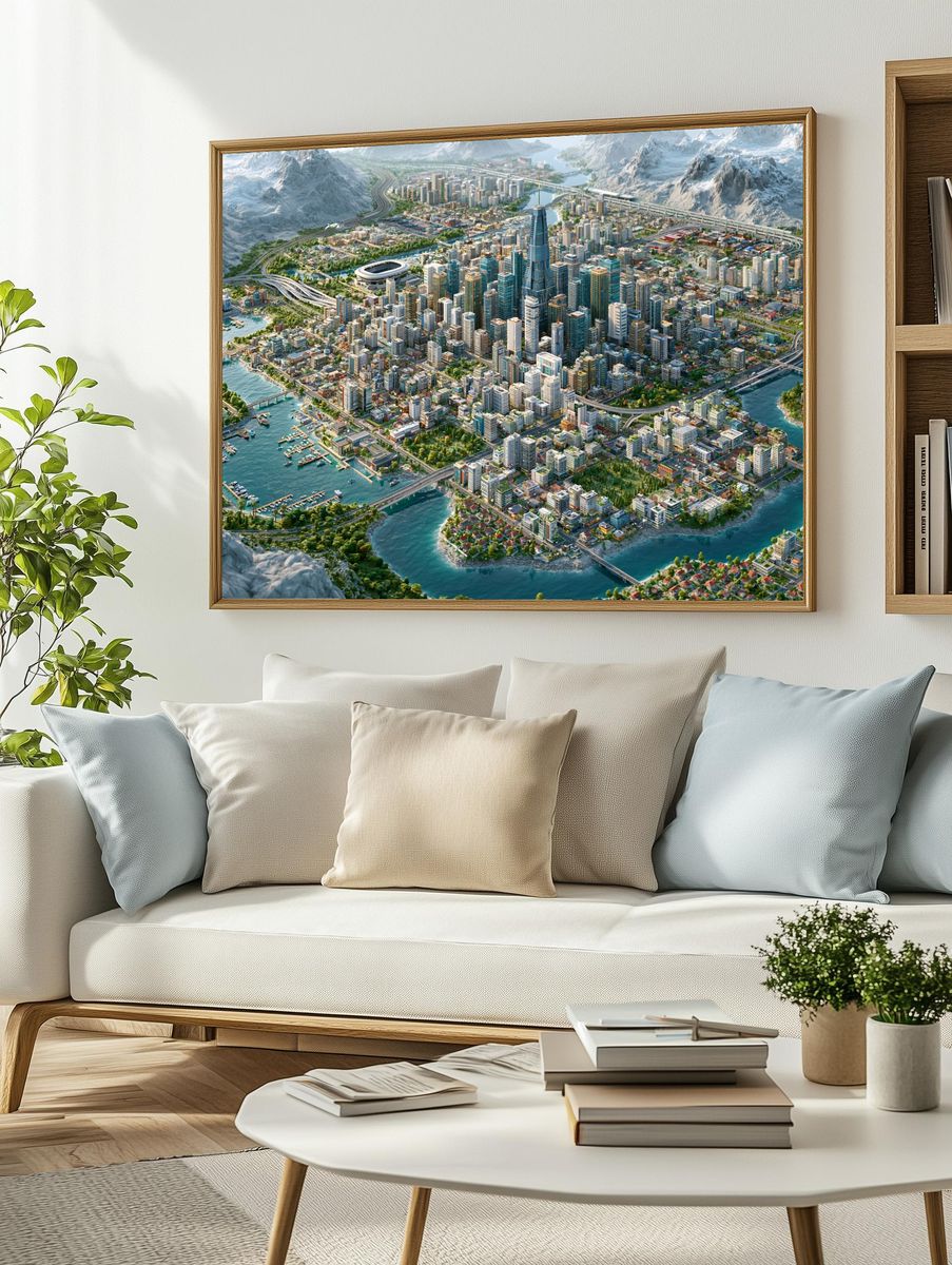 Futuristic Coastal Cityscape Print. — room view 2