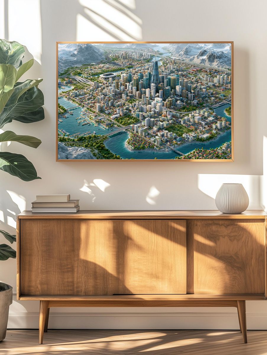 Futuristic Coastal Cityscape Print. — room view 3