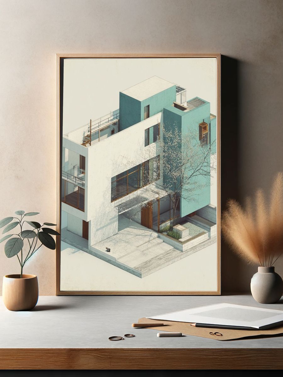 Modern House Isometric Architecture Print. — room view 2