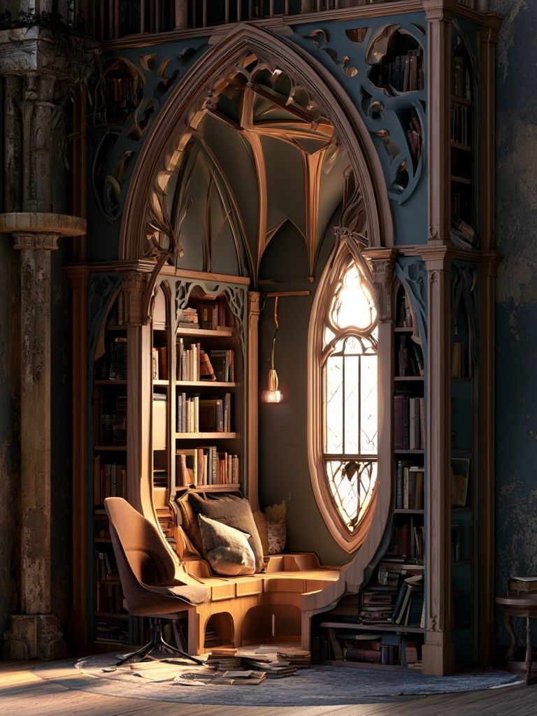 Gothic Library Nook Architecture Print. poster — architecture art