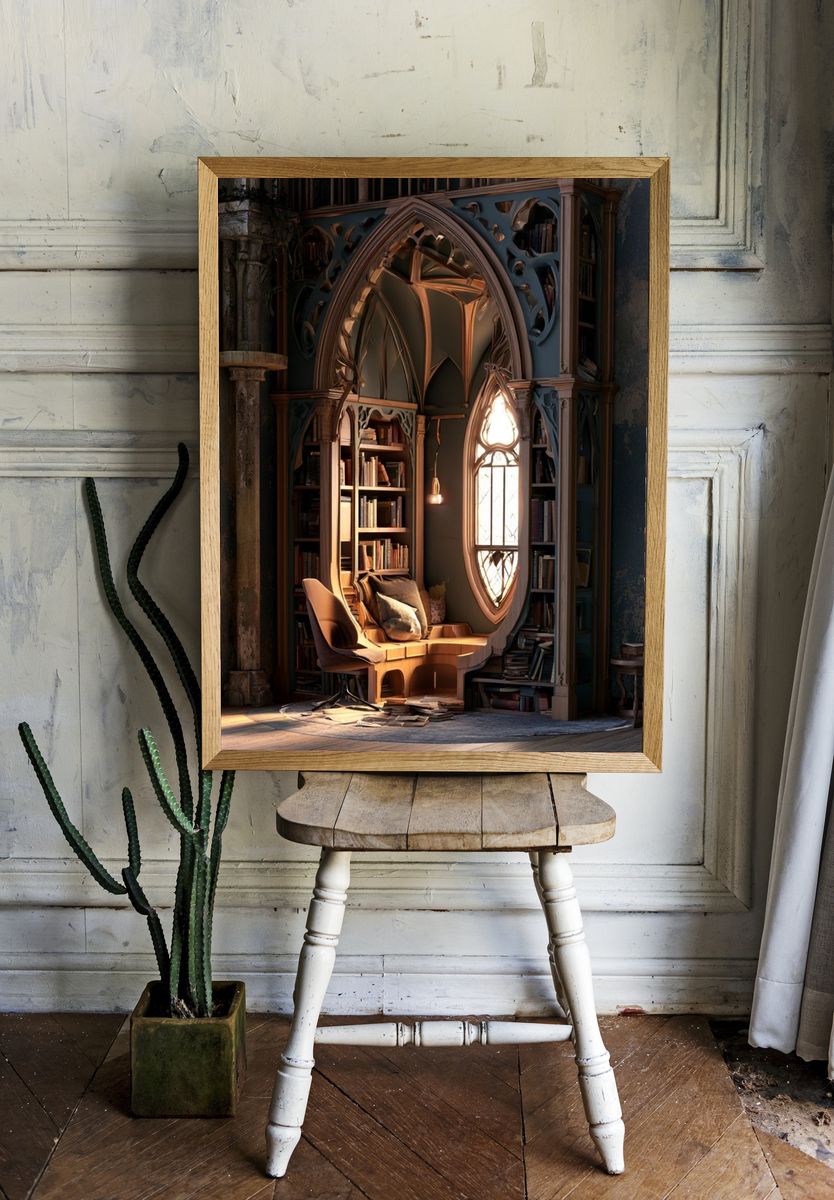 Gothic Library Nook Architecture Print. room preview