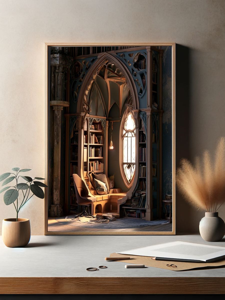 Gothic Library Nook Architecture Print. — room view 2