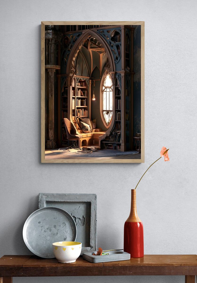 Gothic Library Nook Architecture Print. — room view 3