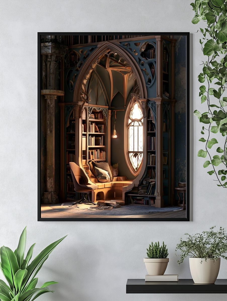 Gothic Library Nook Architecture Print. — room view 4