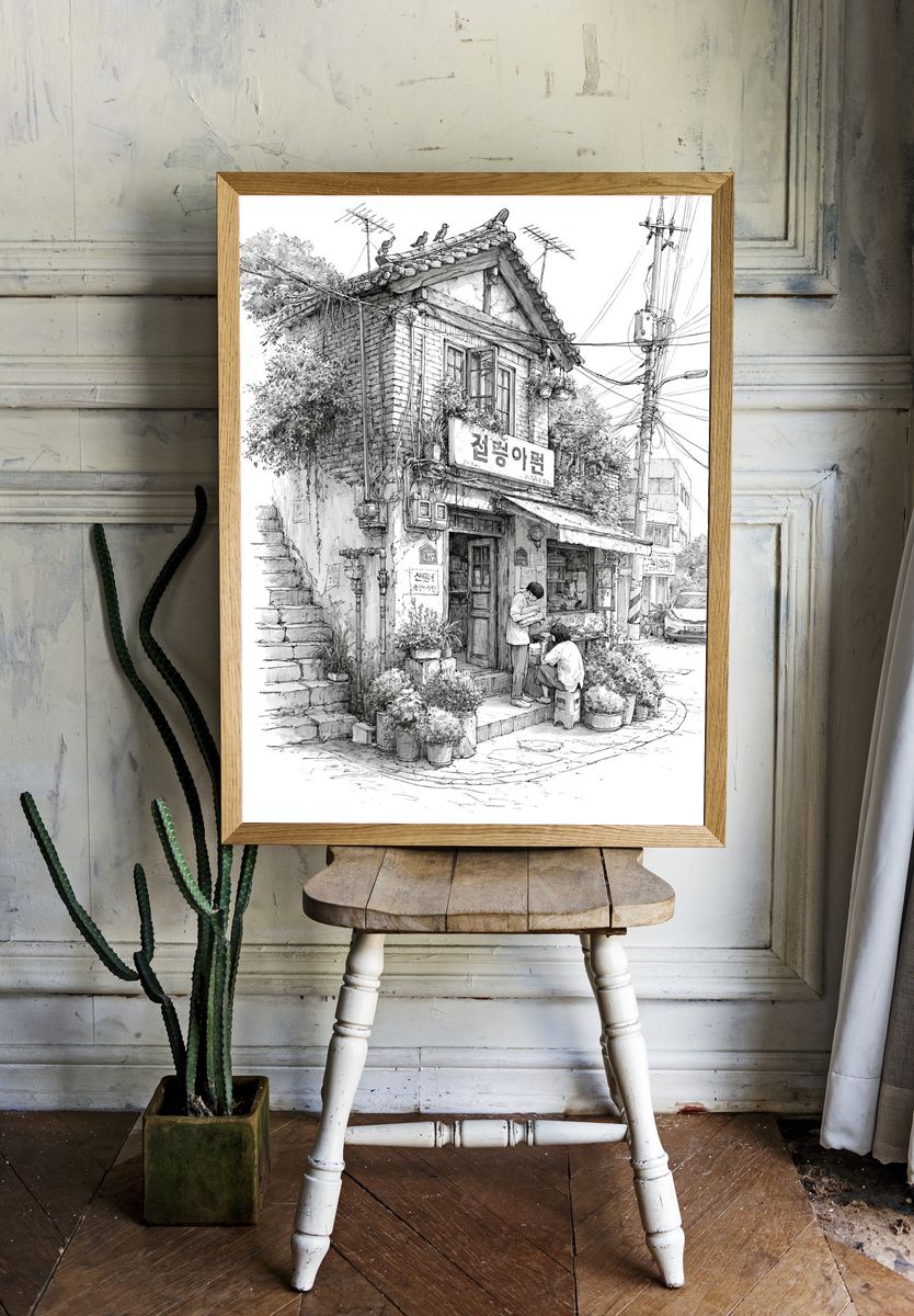 Korean Alley House Sketch Poster. room preview