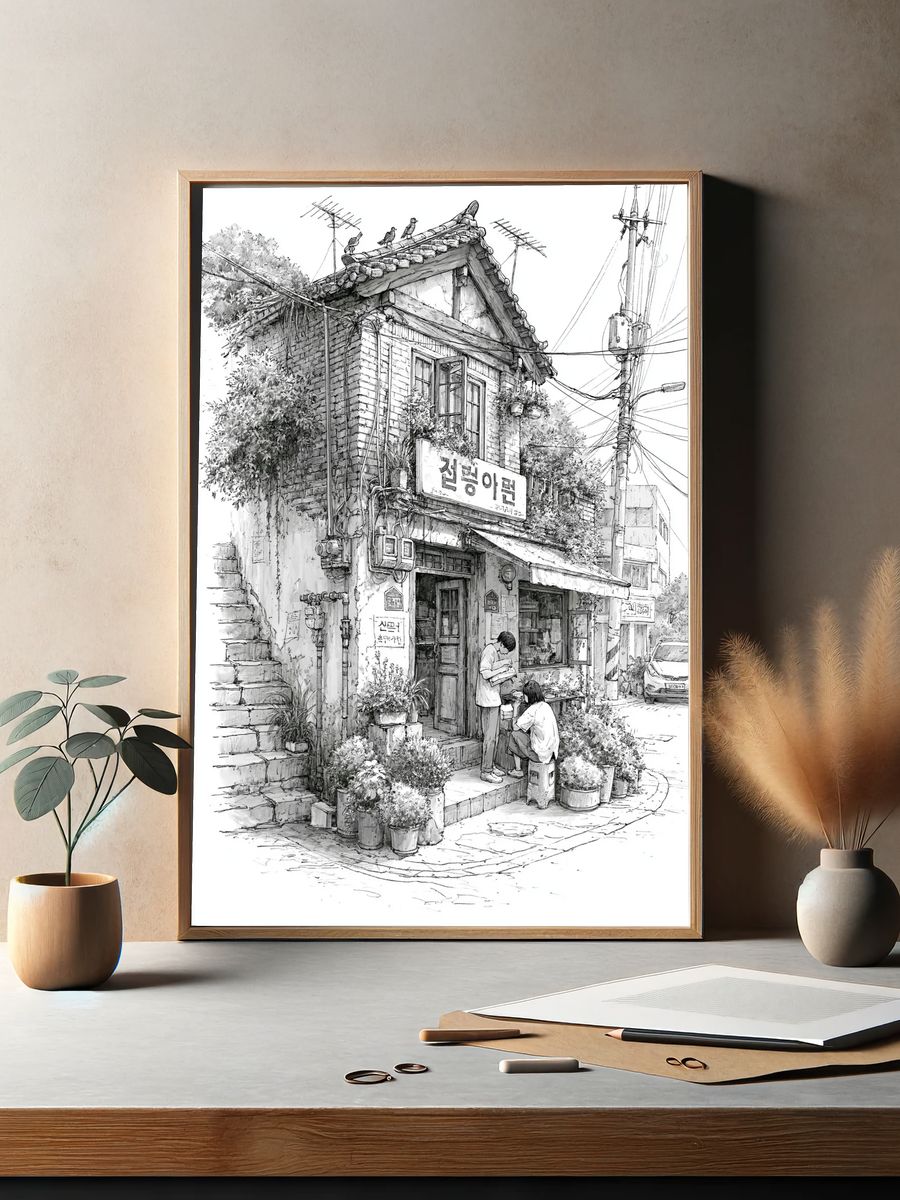 Korean Alley House Sketch Poster. — room view 2