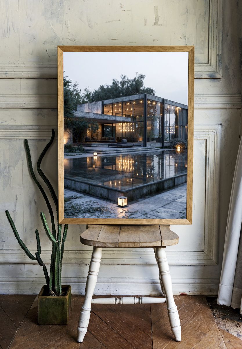 Modern Glass House at Dusk Poster. room preview
