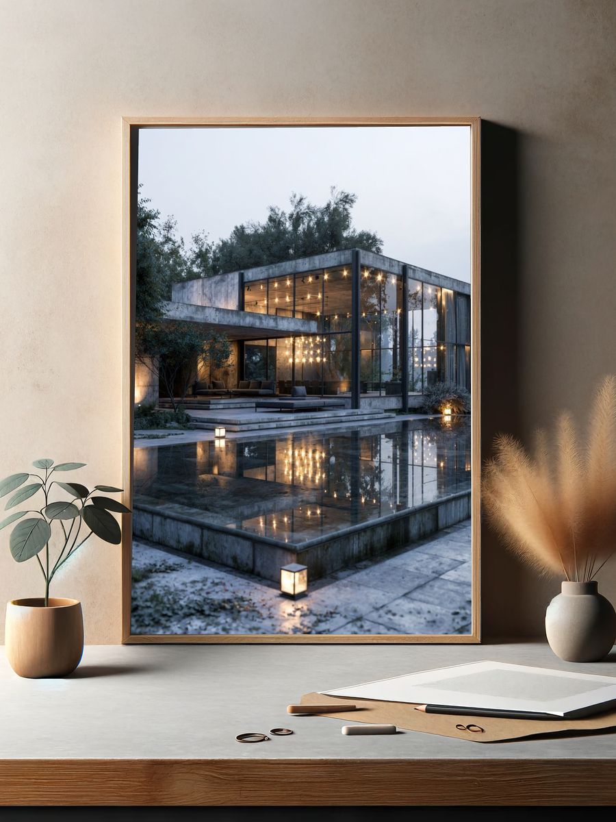 Modern Glass House at Dusk Poster. — room view 2