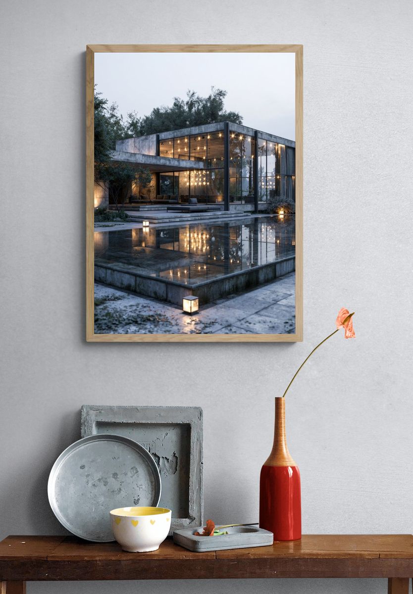 Modern Glass House at Dusk Poster. — room view 3