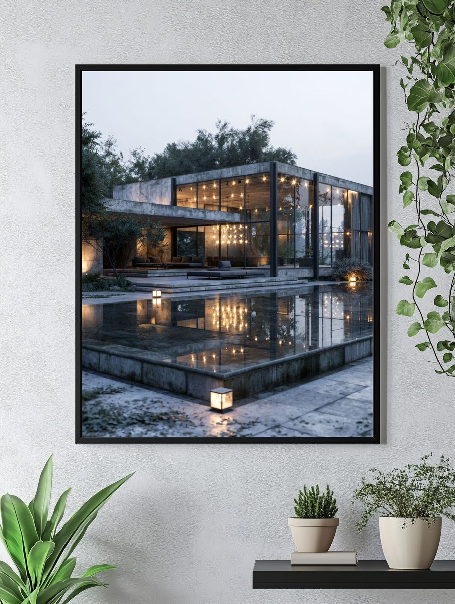 Modern Glass House at Dusk Poster. — room view 4