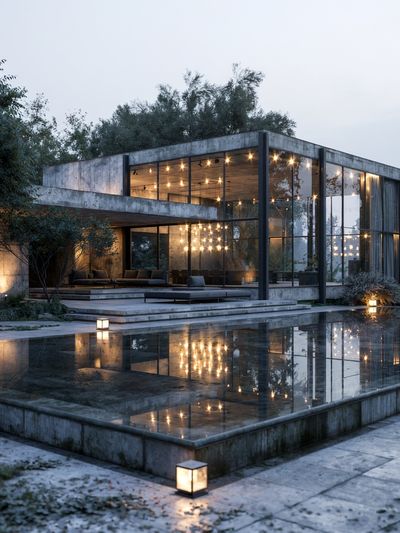 Modern Glass House at Dusk Poster.