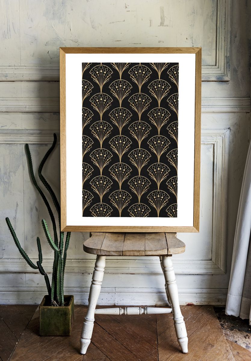Vintage art deco poster, black and gold geometric pattern design. — room view 1