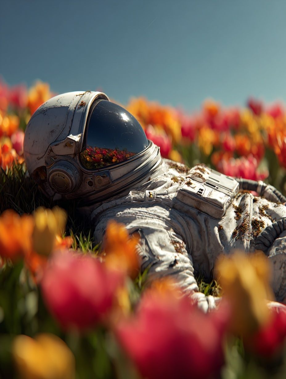 Astronaut in Tulip Field — Surreal Print. poster — space art