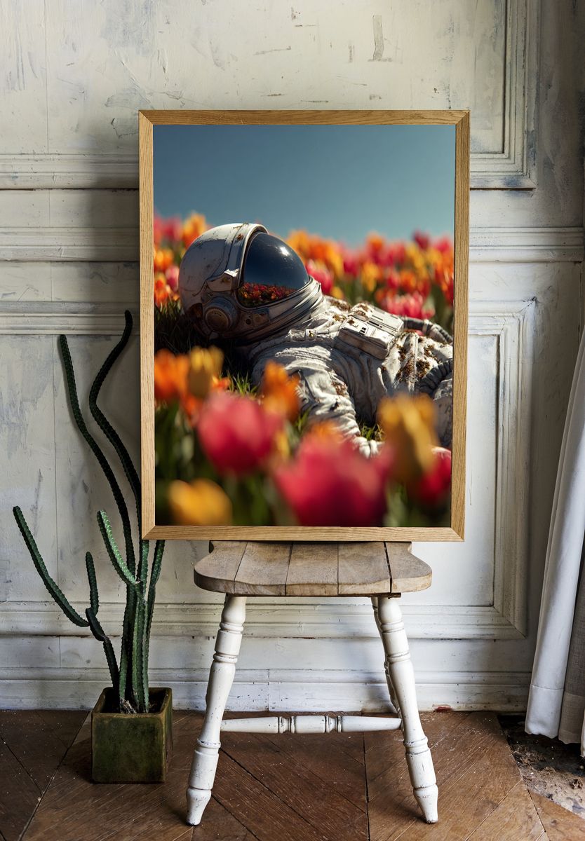 Astronaut in Tulip Field — Surreal Print. — room view 1