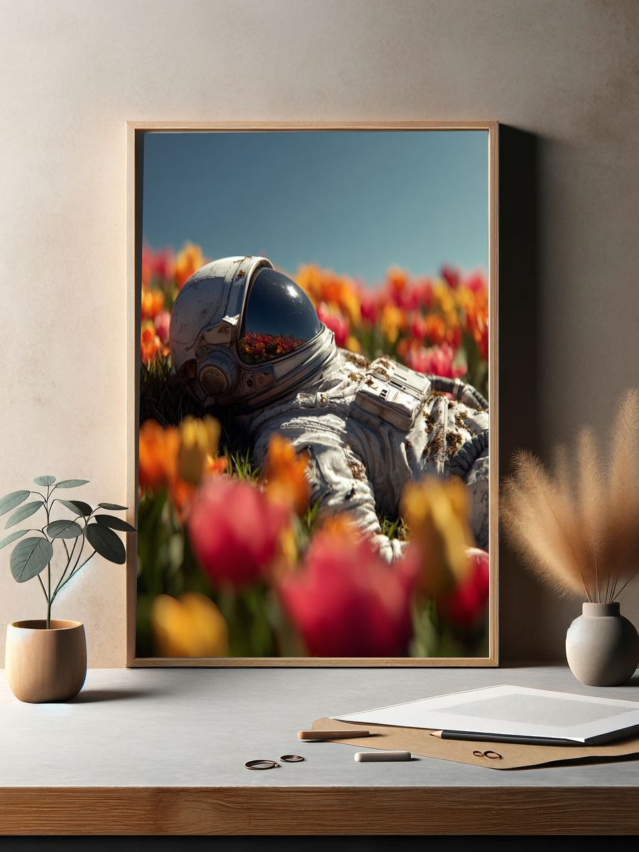 Astronaut in Tulip Field — Surreal Print. — room view 2