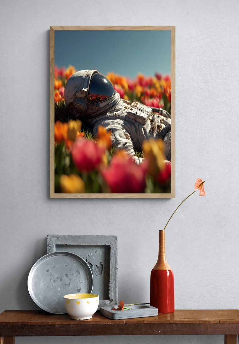 Astronaut in Tulip Field — Surreal Print. — room view 3