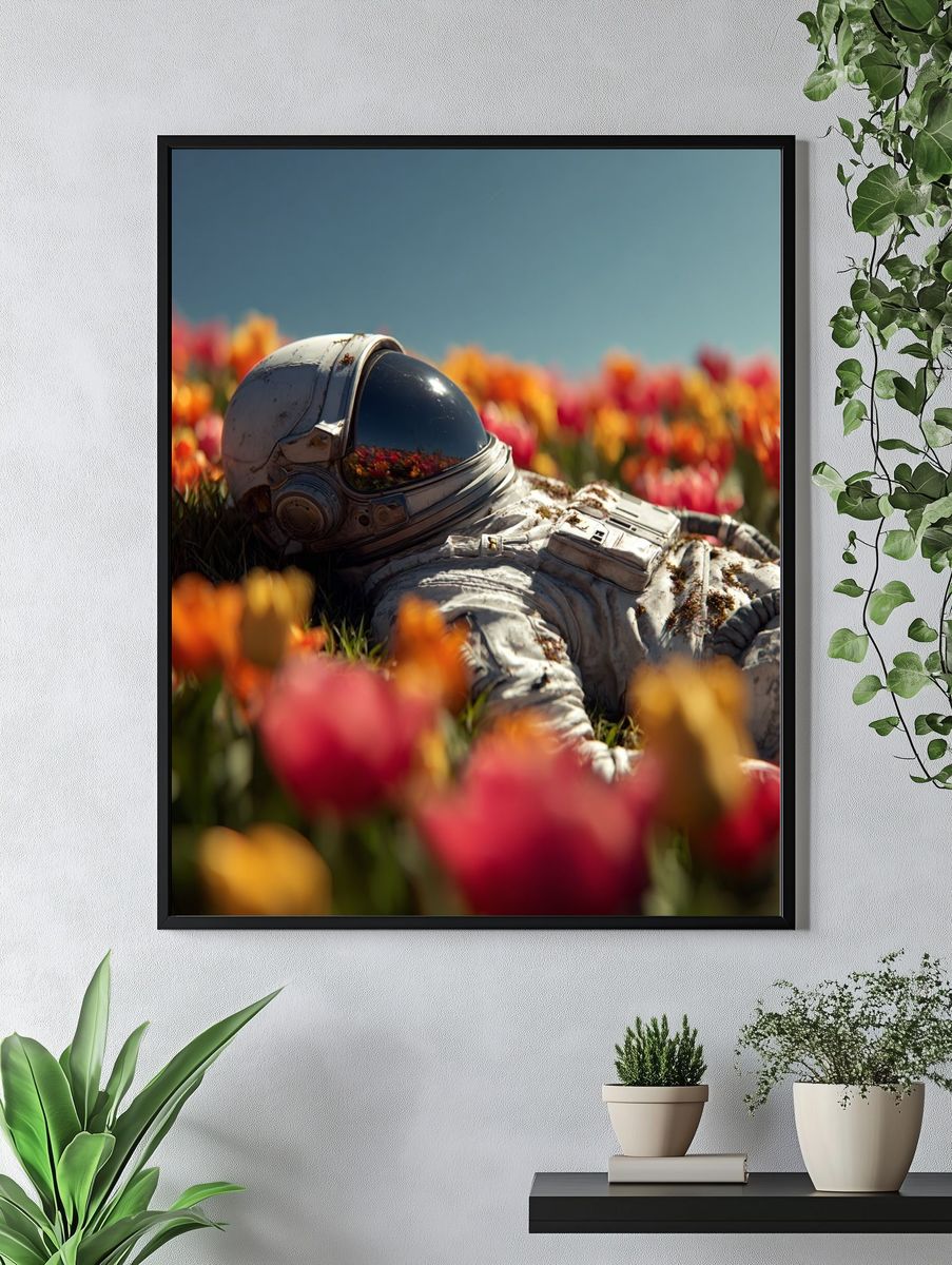 Astronaut in Tulip Field — Surreal Print. — room view 4