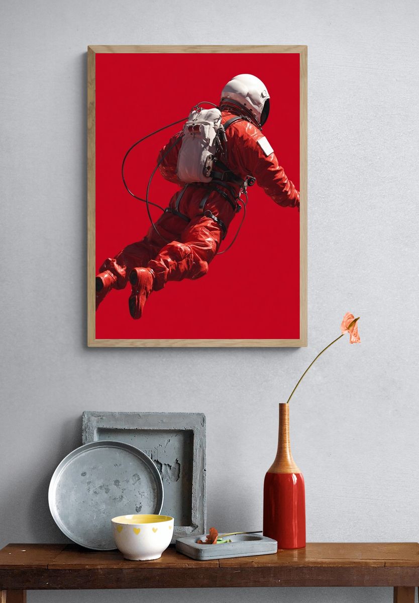 Astronaut in Red Space Suit — Digital Art Print. — room view 3