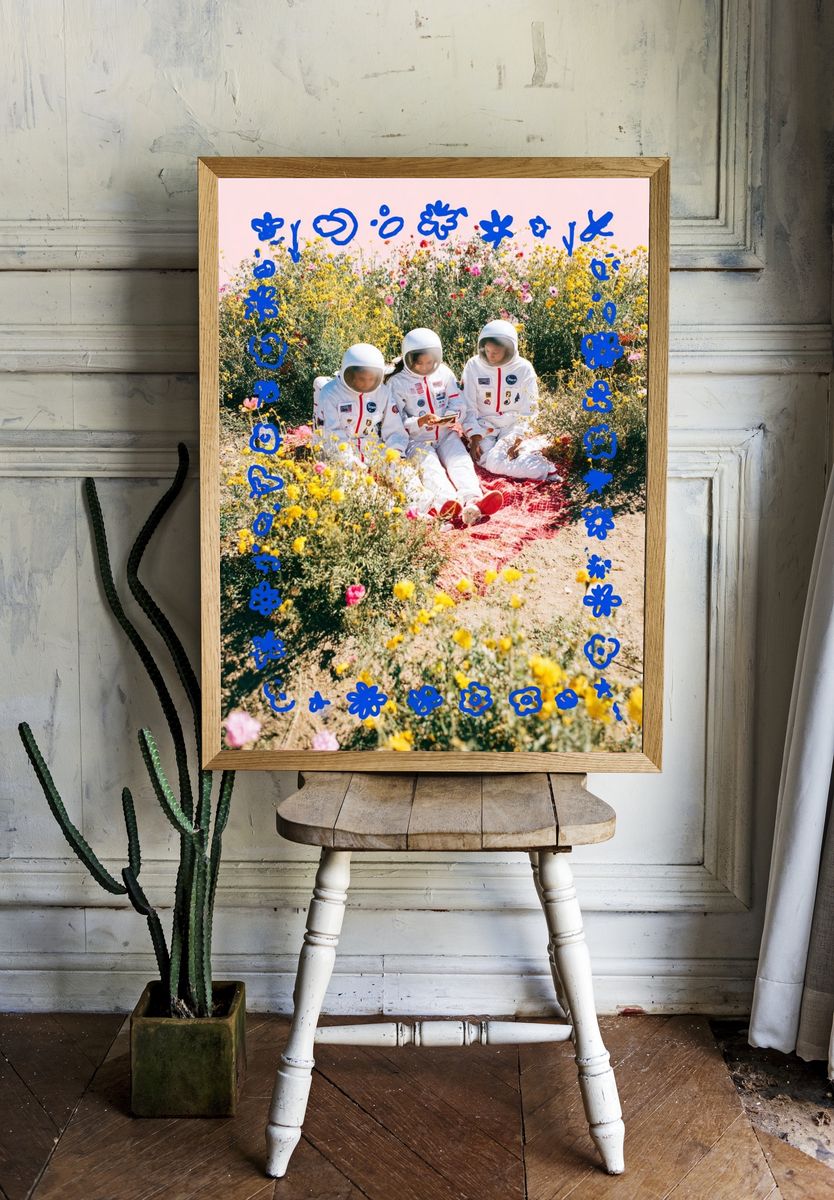 Astronauts in Wildflower Field Poster. — room view 1