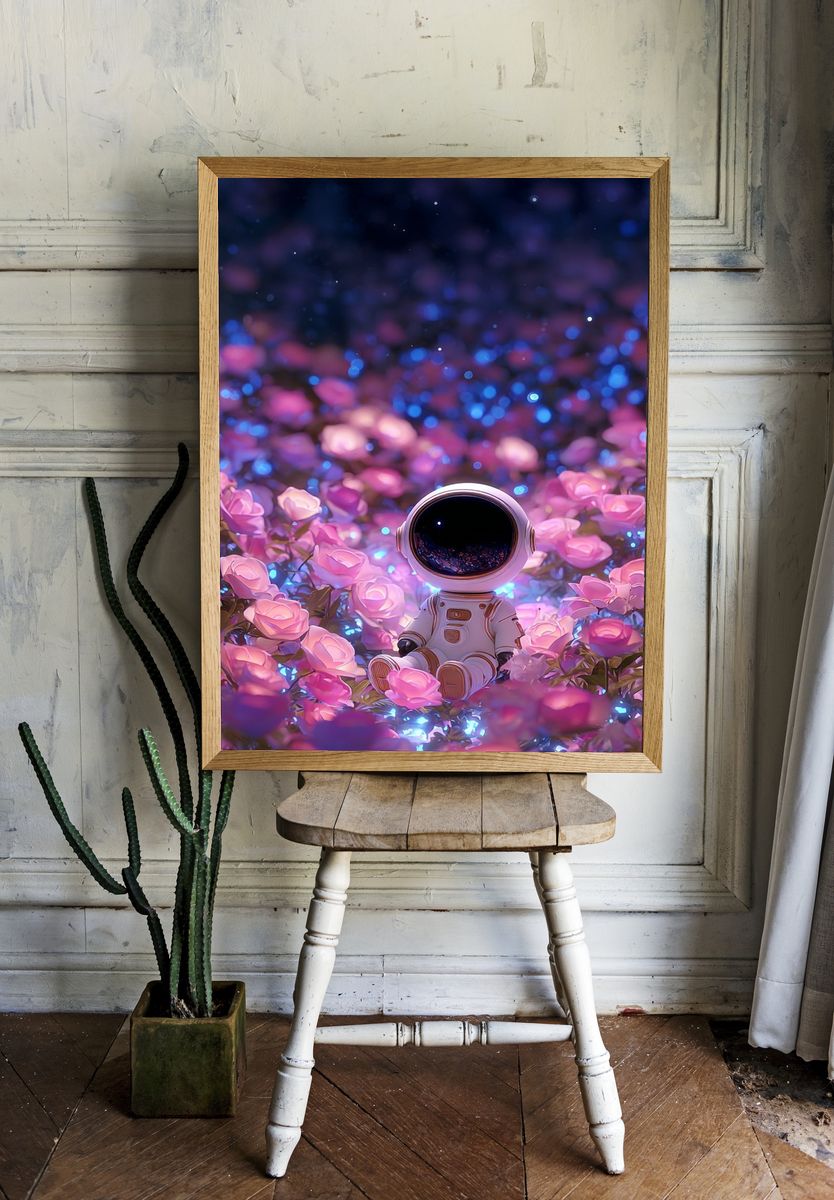 Astronaut in Flower Field — Digital Art Print. — room view 1