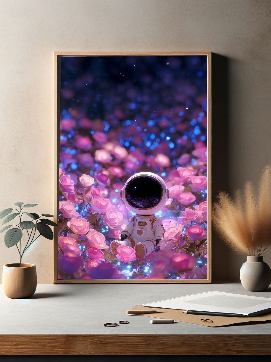 Astronaut in Flower Field — Digital Art Print. — room view 2