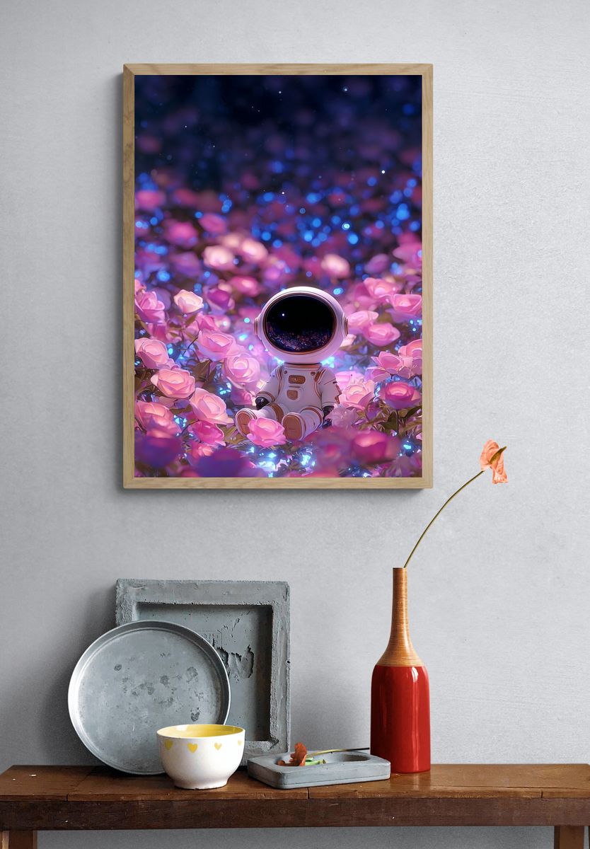 Astronaut in Flower Field — Digital Art Print. — room view 3