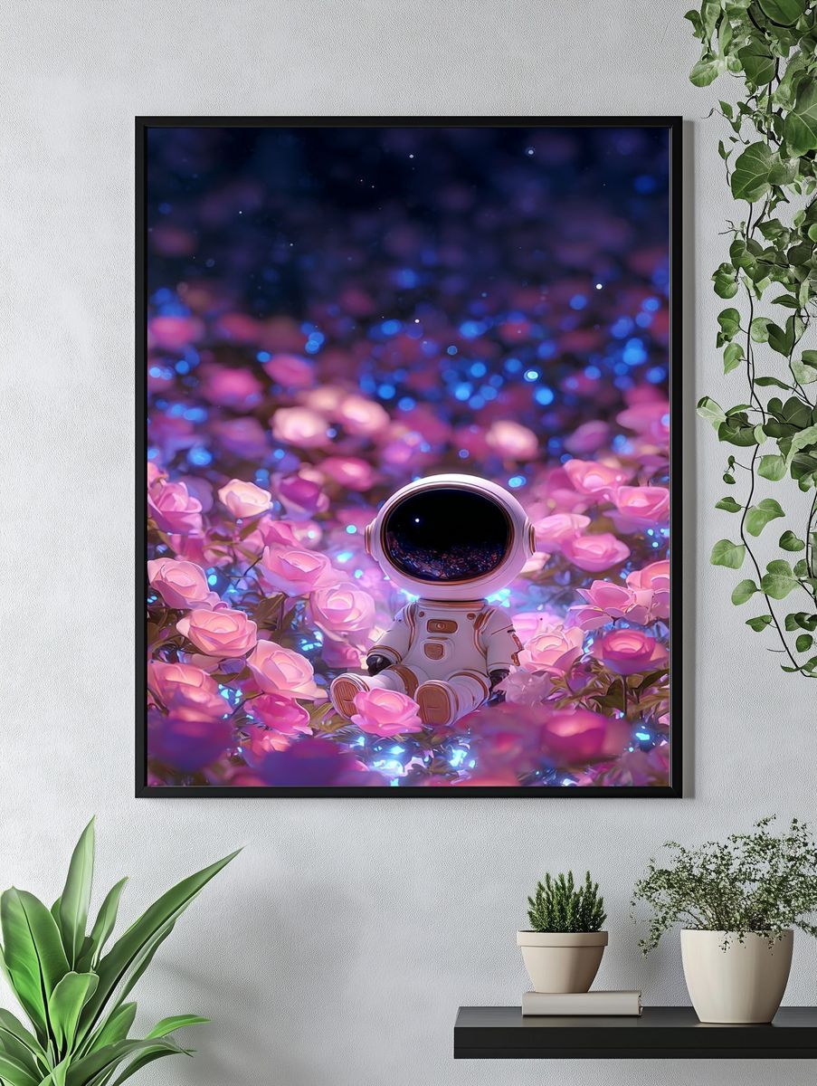 Astronaut in Flower Field — Digital Art Print. — room view 4