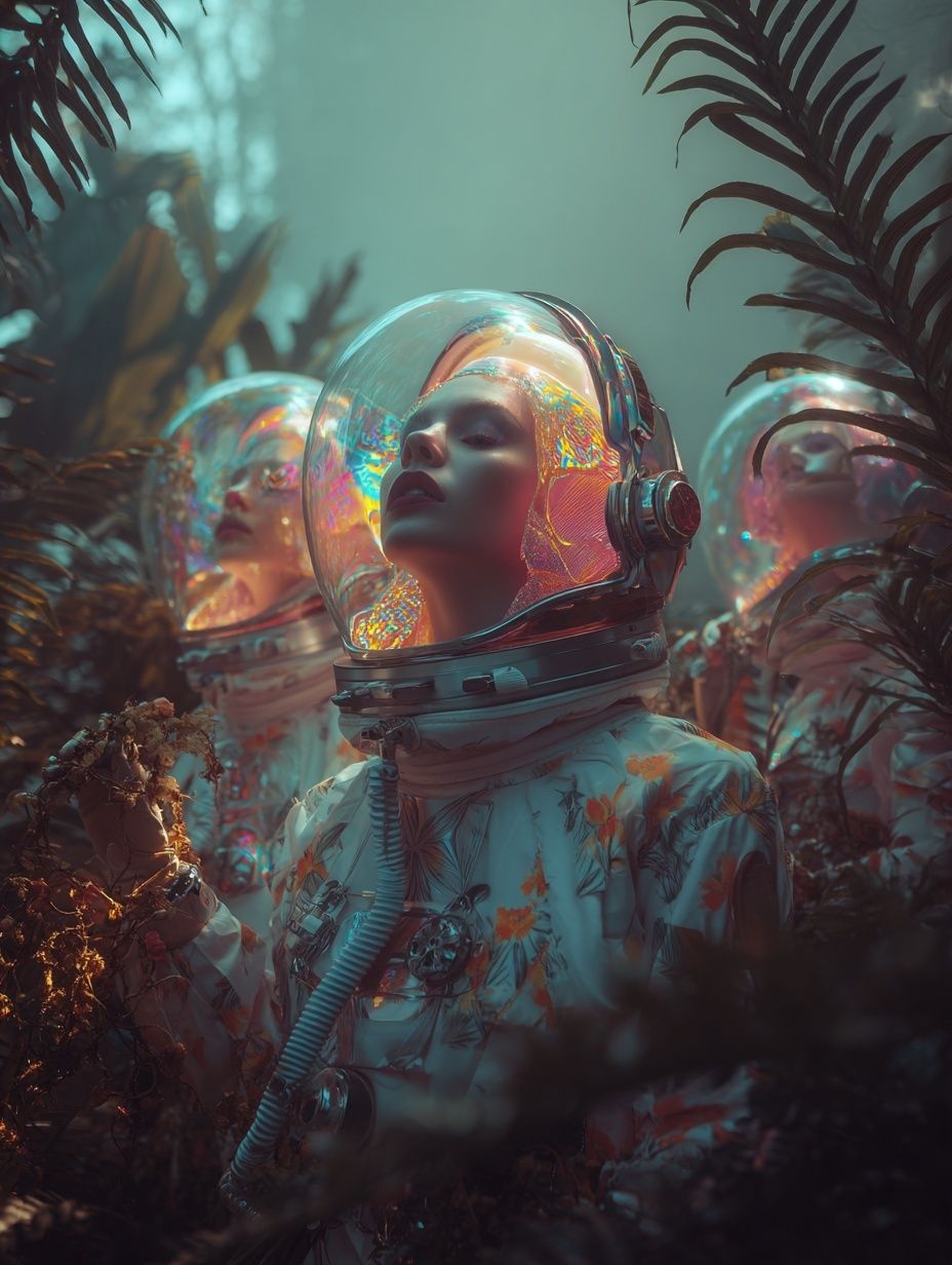 Astronauts in Lush Jungle — Surreal Print. poster detail
