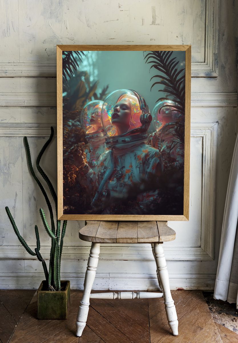 Astronauts in Lush Jungle — Surreal Print. — room view 1