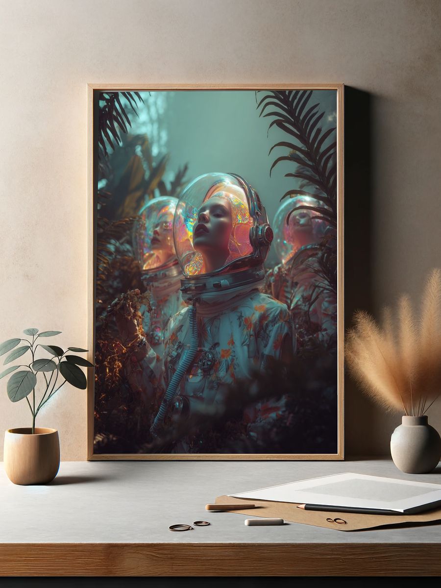 Astronauts in Lush Jungle — Surreal Print. — room view 2