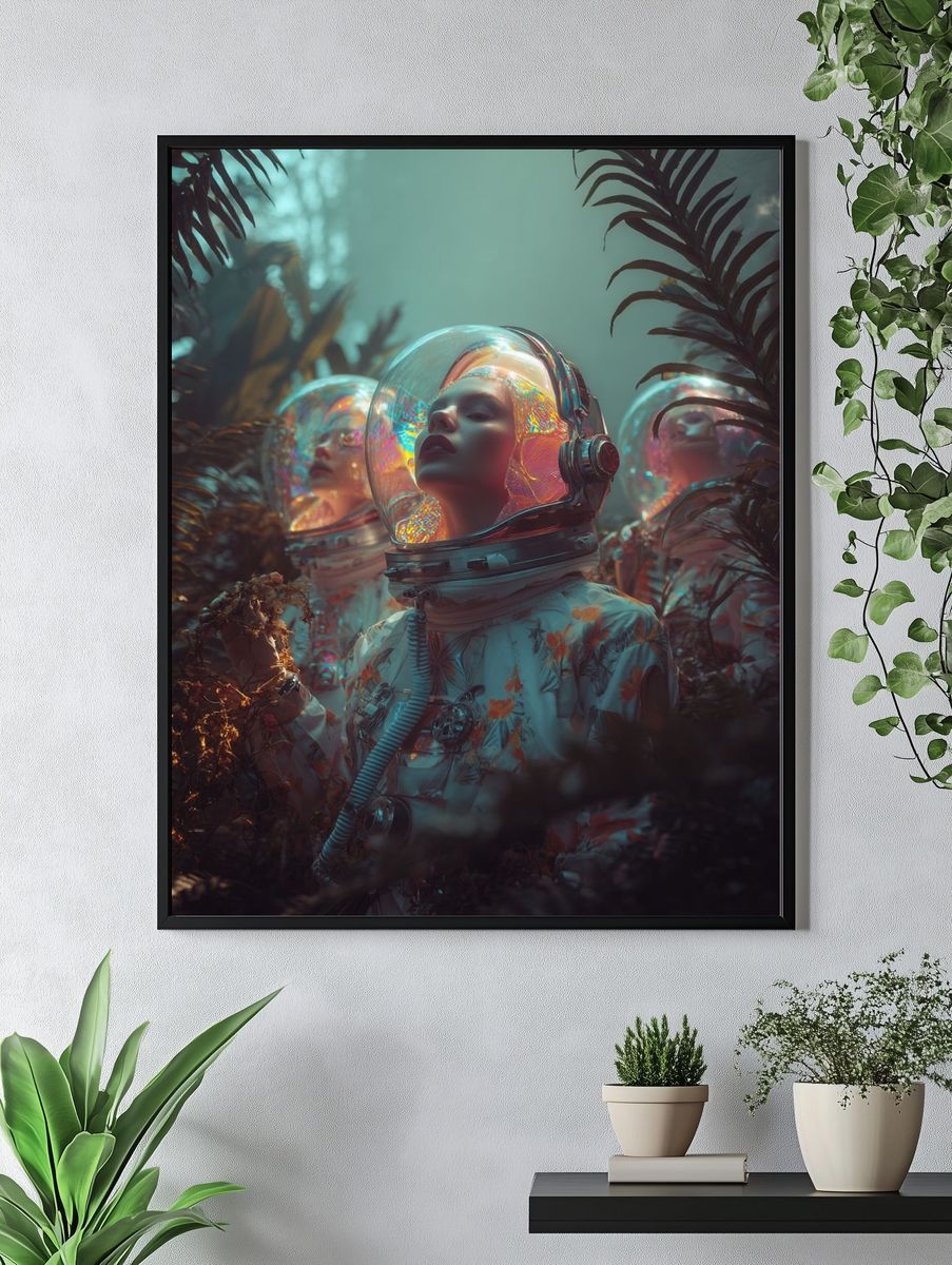 Astronauts in Lush Jungle — Surreal Print. — room view 4