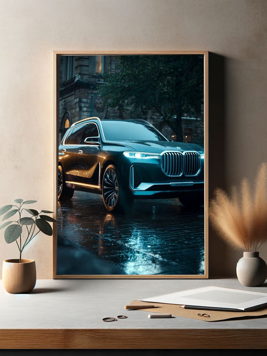 Luxury SUV in Rainy City Poster. — room view 2