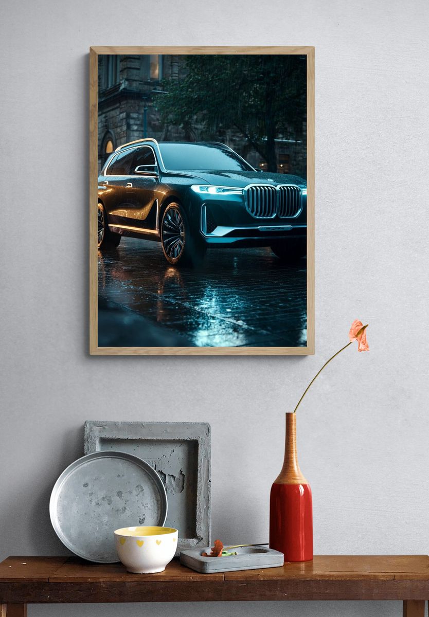 Luxury SUV in Rainy City Poster. — room view 3