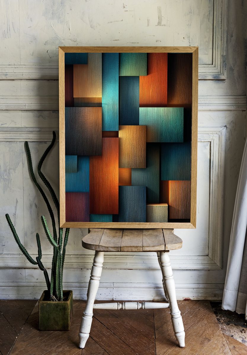 Textured Wood Blocks — Abstract Print. — room view 1