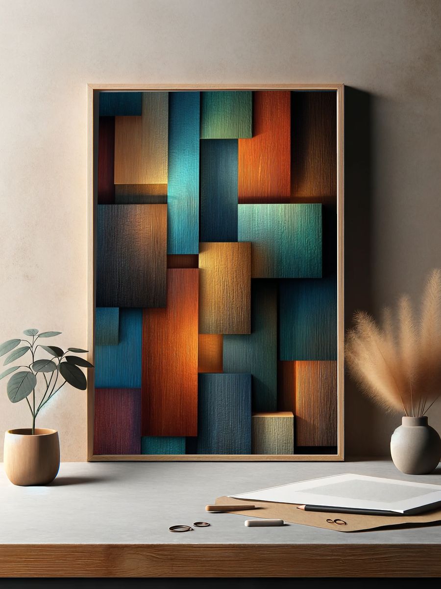 Textured Wood Blocks — Abstract Print. — room view 2