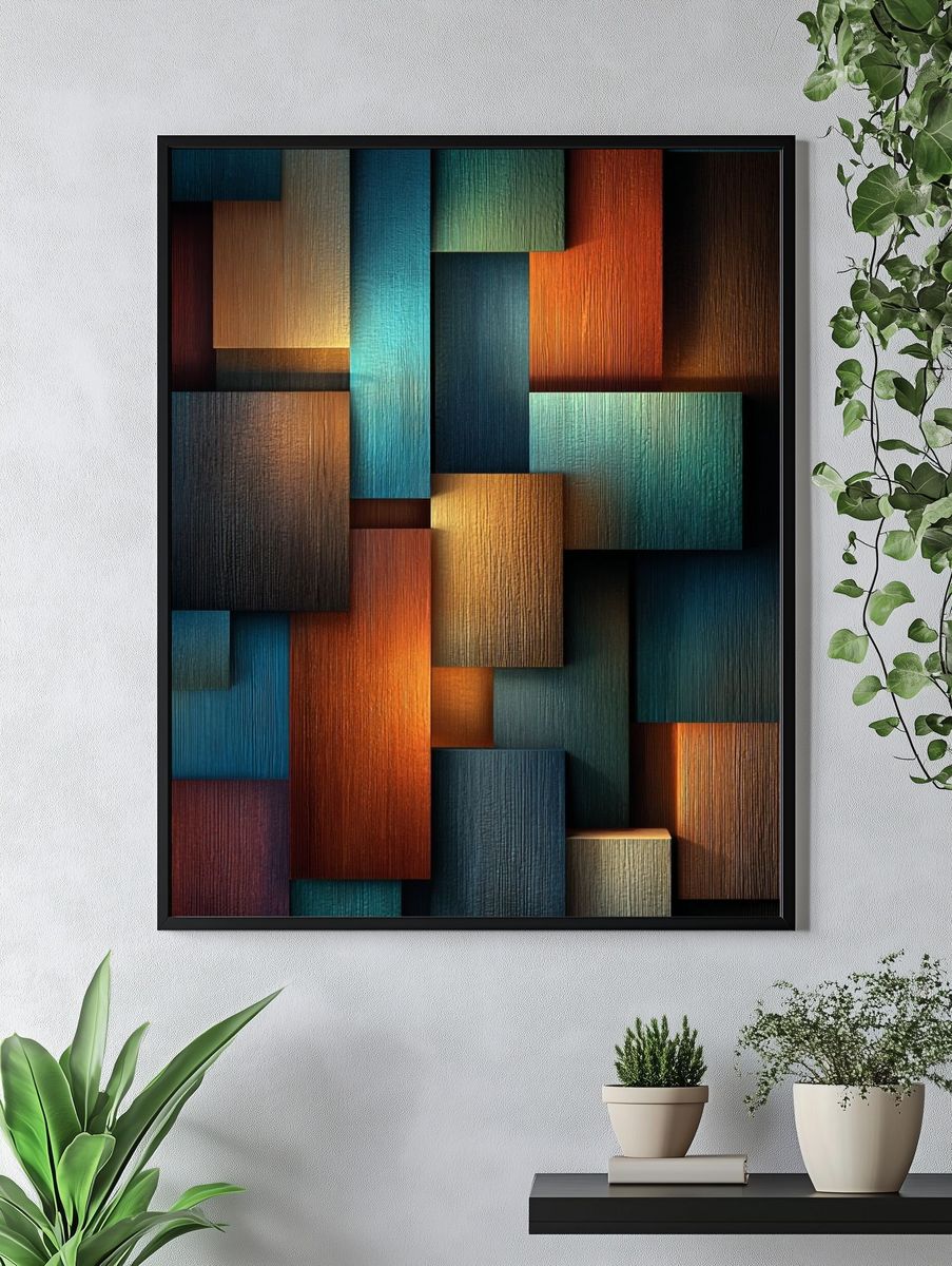Textured Wood Blocks — Abstract Print. — room view 4
