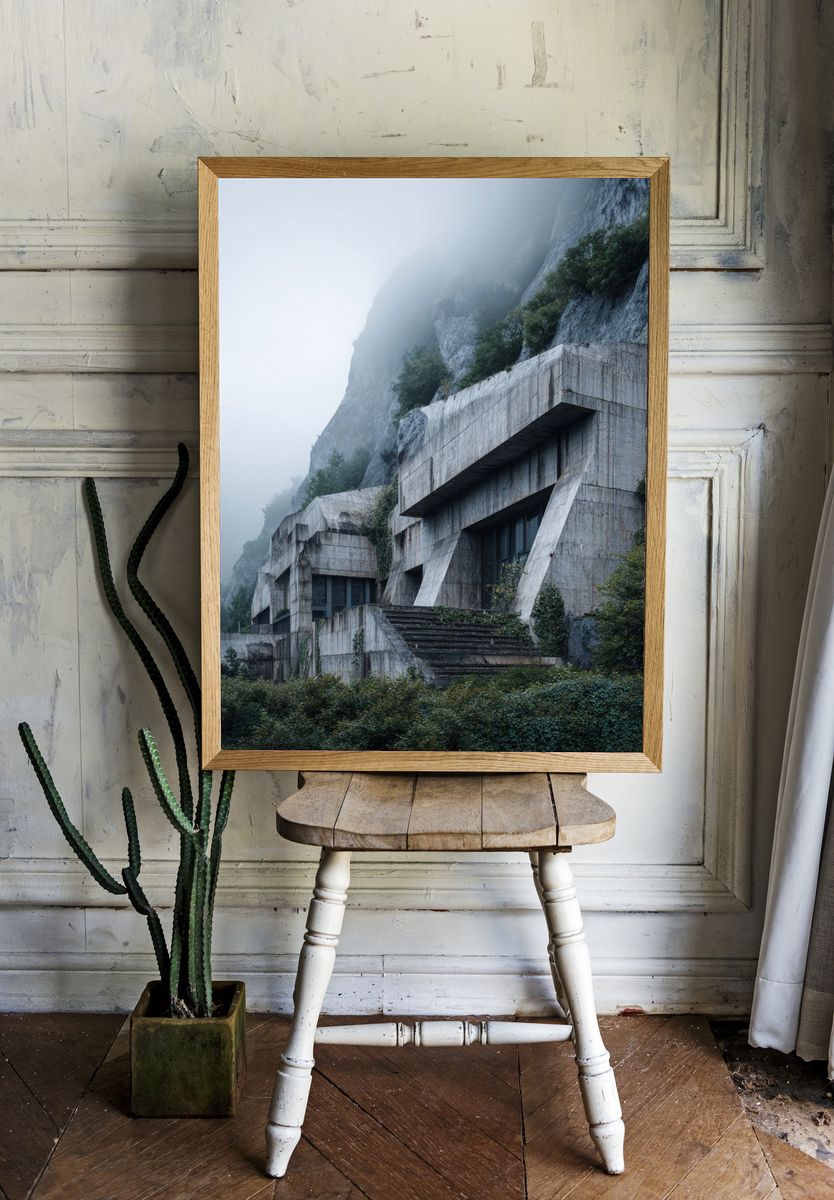 Brutalist Architecture in Fog — Photography Print. — room view 1
