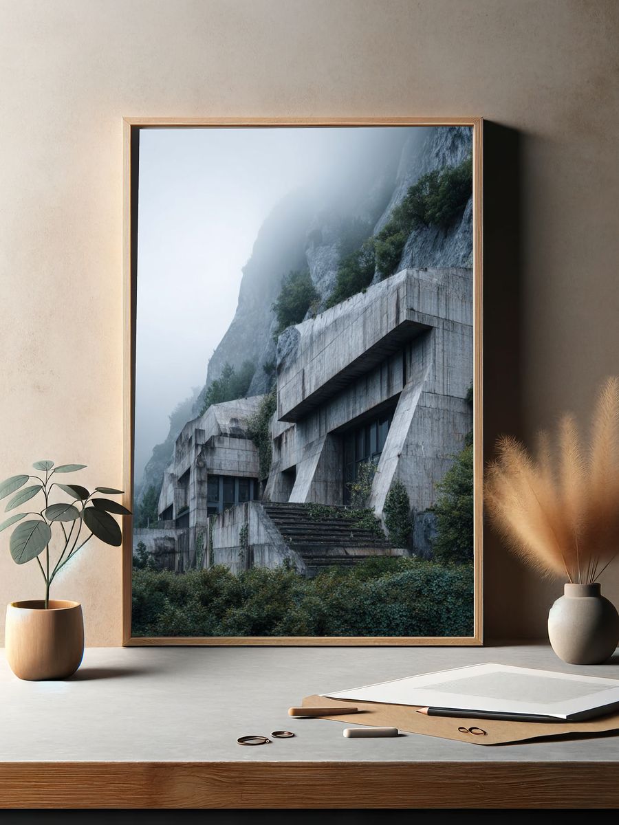 Brutalist Architecture in Fog — Photography Print. — room view 2