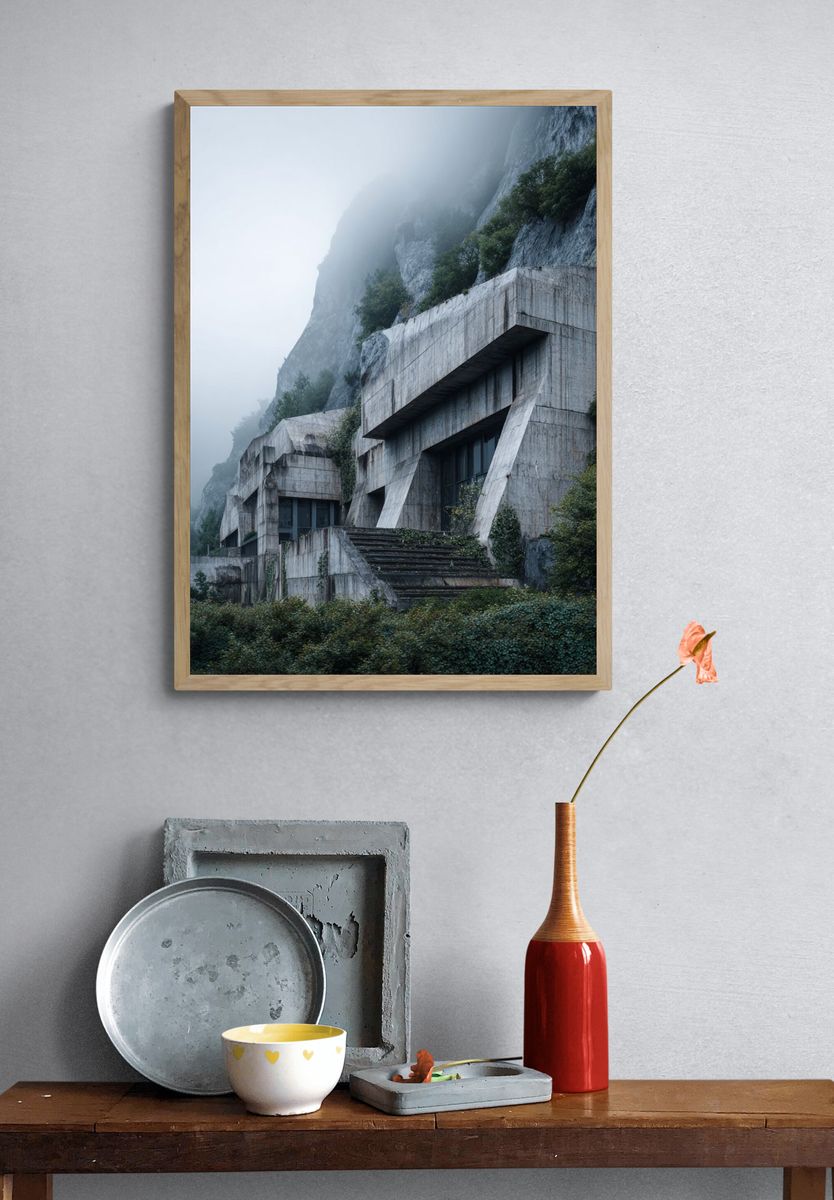 Brutalist Architecture in Fog — Photography Print. — room view 3