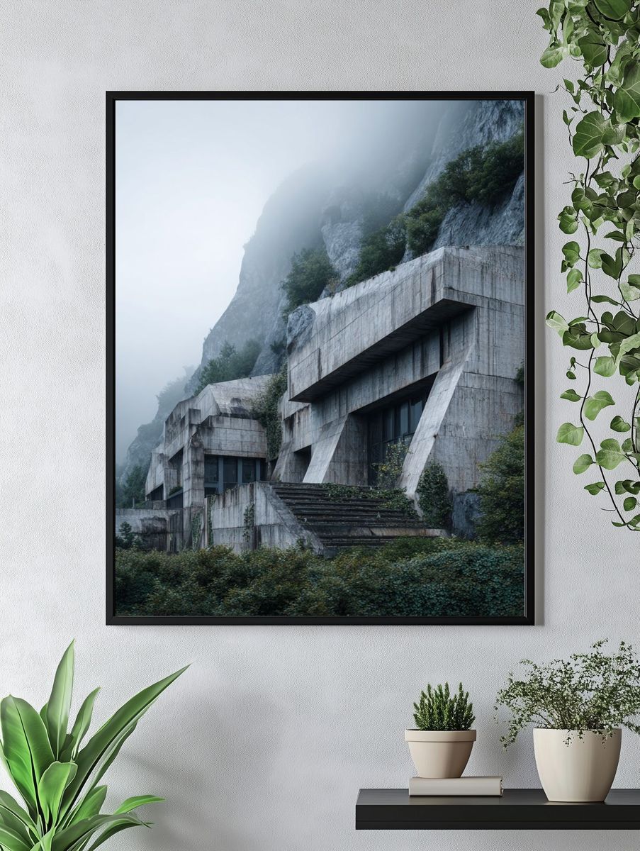 Brutalist Architecture in Fog — Photography Print. — room view 4