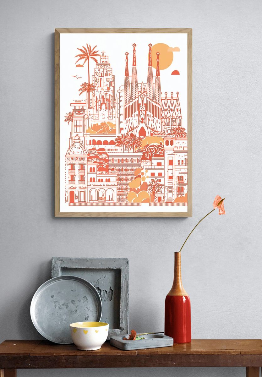Barcelona Cityscape — Illustration Print. — room view 3