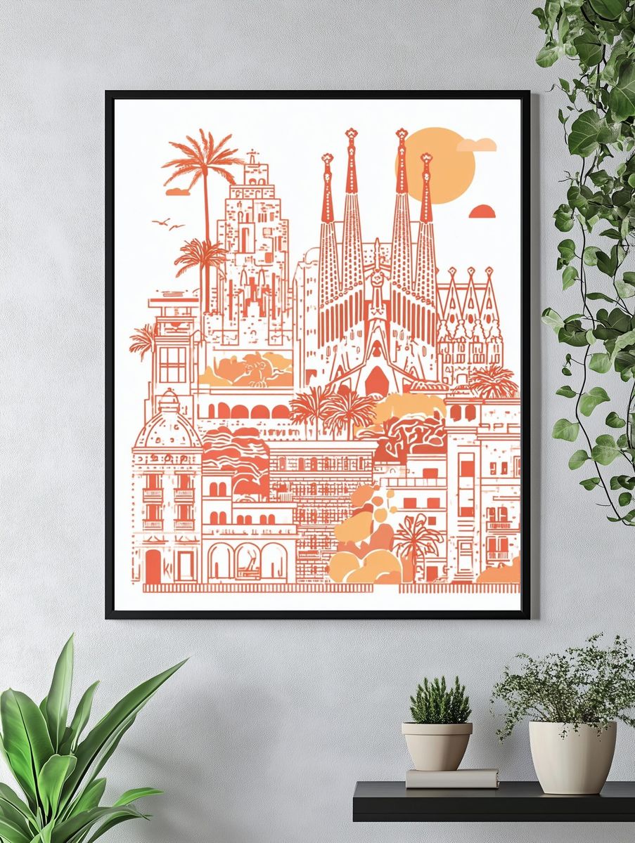 Barcelona Cityscape — Illustration Print. — room view 4