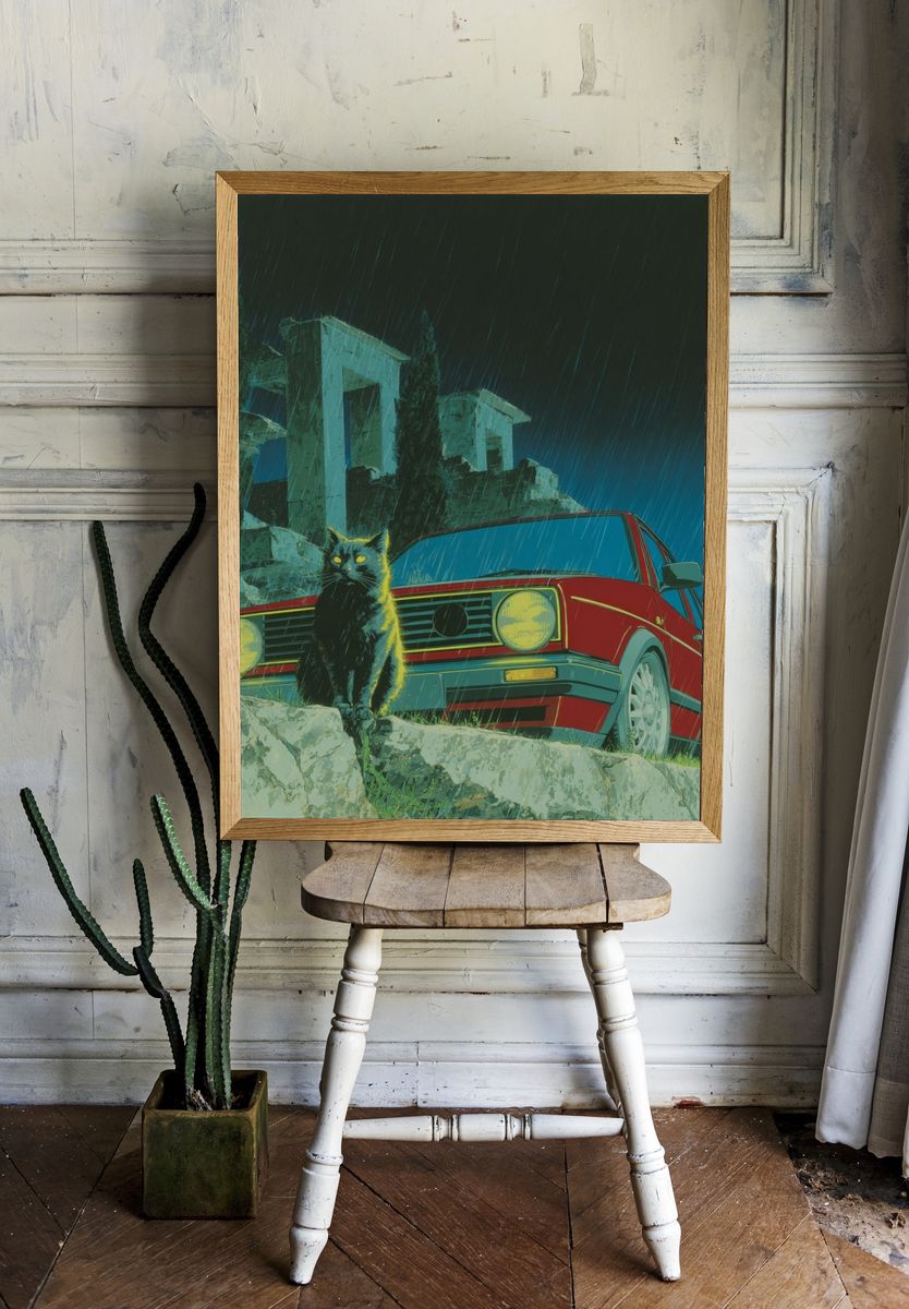 Black Cat and Red Car — Retro Print. — room view 1